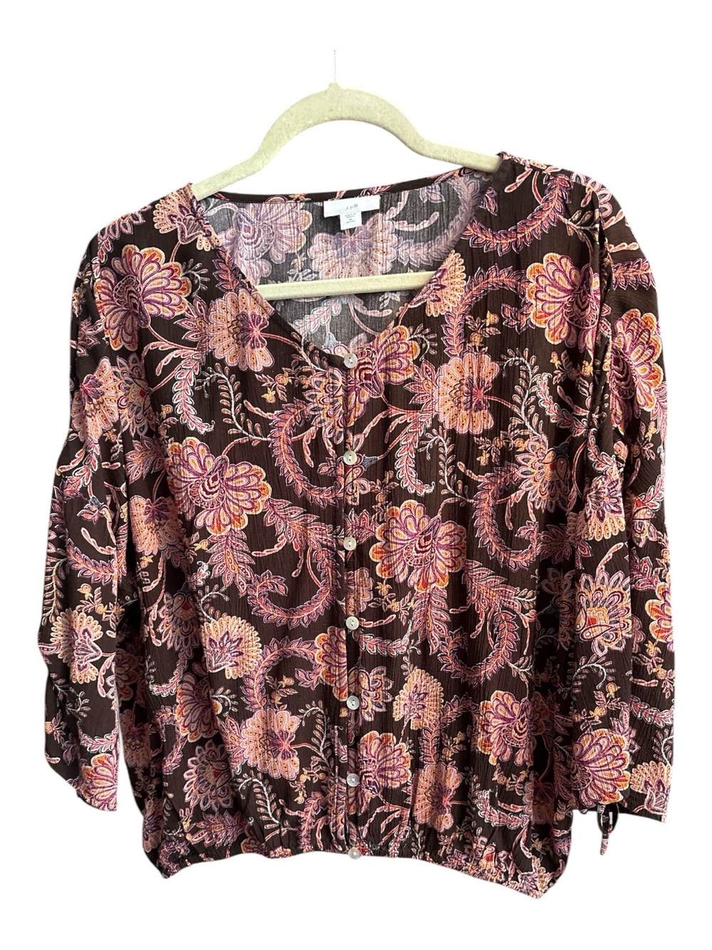 J. JILL PEASANT BLOUSE ELASTIC WAIST 3/4 SLEEVES SOFT FLATTERING DRAPE SZ M
